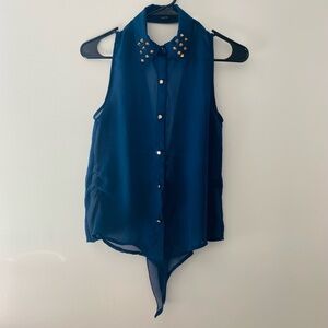 Poetry Blue Womens Sleeveless, sheer top. Button up, studded accent collar.